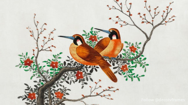 Chinese painting featuring two birds on a flowering tree branch (ca.1800â€“1899)