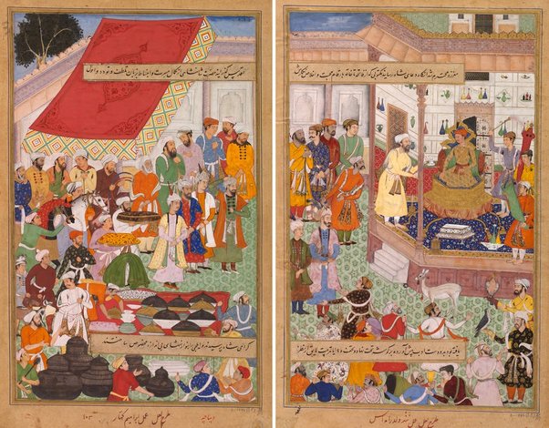 The Mughal painting, "Akbar Receives The Iranian Ambassador Sayyid Beg in 1562," a great example of art history.