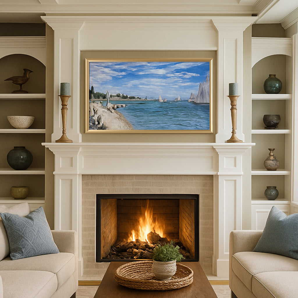 A pale gold frame is one of Deco's many frame finishes available to Frame TV owners.