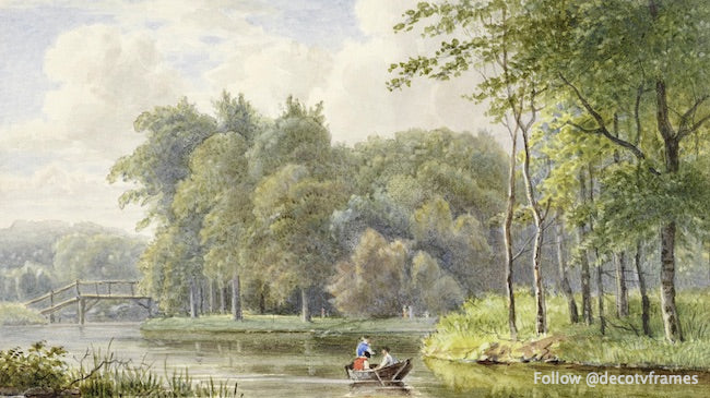 Landschap met figuren in een roeibootje