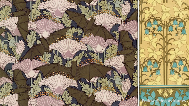 Chauves-souris et pavots, tenture. Papillons et campanules, papel pintado de L&#39;animal dans la décoration (1897) ilustrado 
